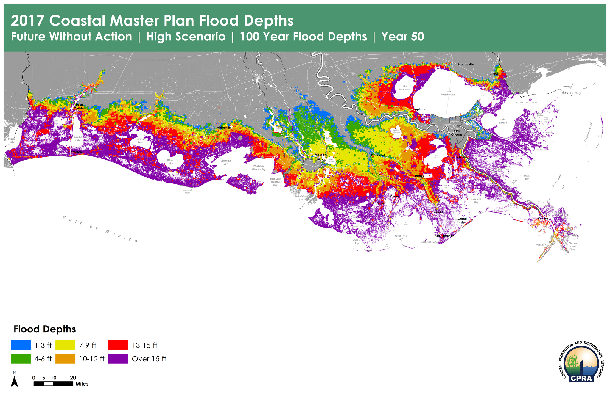 This map shows the flood stages in coastal Louisiana from a 100-year storm if greenhouse gas emissions are curbed, while the map below shows what happens if emissions are not slowed and reduced. Both are based on a future without further action on the coastal master plan.